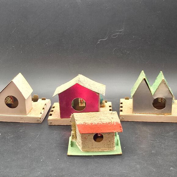 Vintage Paper Putz Houses Set of 4 Glitter Mica Christmas Village - Picture 2 of 11
